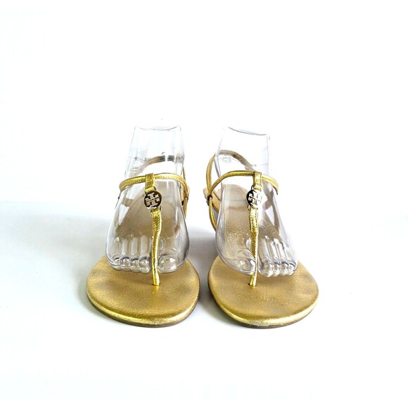 TORY BURCH Gold Emmy Wedge Sandals Metallic Leather Sz 10 Logo Ankle Strap - Picture 6 of 13